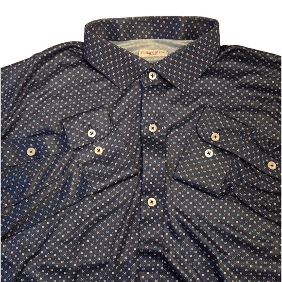 NWOT Collars & Co Quattro Flex Long Sleeve Shirt 2XL Blue Microprint Dress Polo - Picture 1 of 7